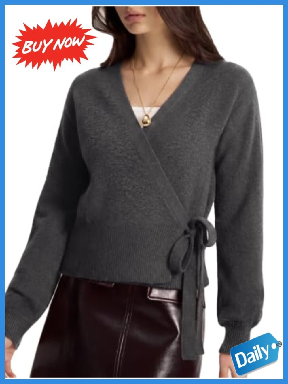 Cashmere Blend V Neck Wrap Sweater Long Sleeve Tie Waist Knit Top
